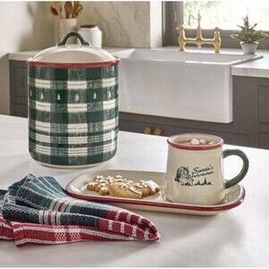 Hearth & Hand Farmhouse Stoneware Cookie Jar And Lid Trees Plaid Red/Green NWT